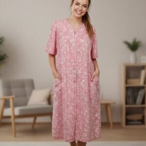 Vintage 1980s Pink Mod Floral House Dress Mumu Housecoat Snap Front Womens 1X